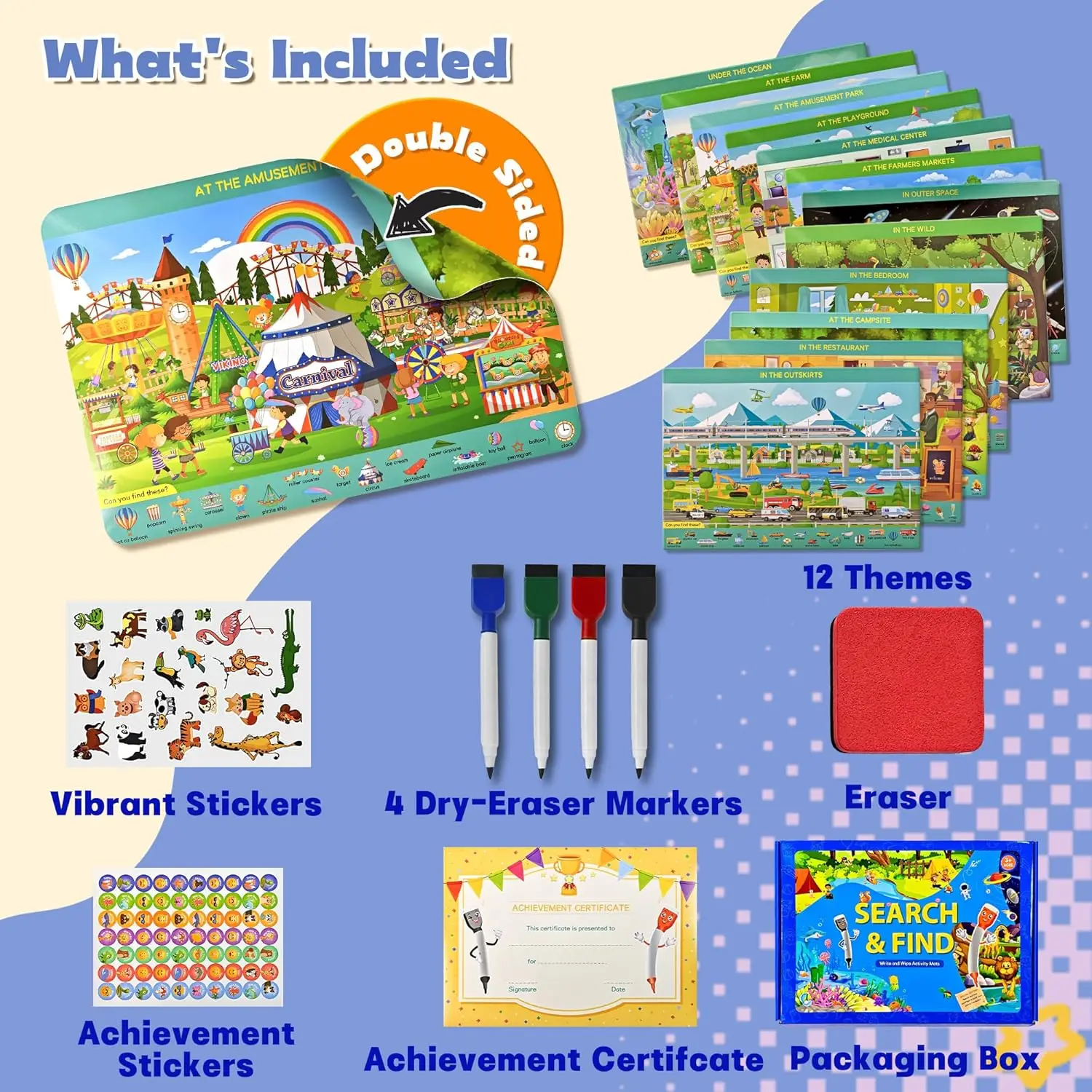 Large Reusable Search and Find Books for Kids with 4 Dry-Eraser Markers & Stickers, Hidden Pictures Book, Hidden Pictures Book