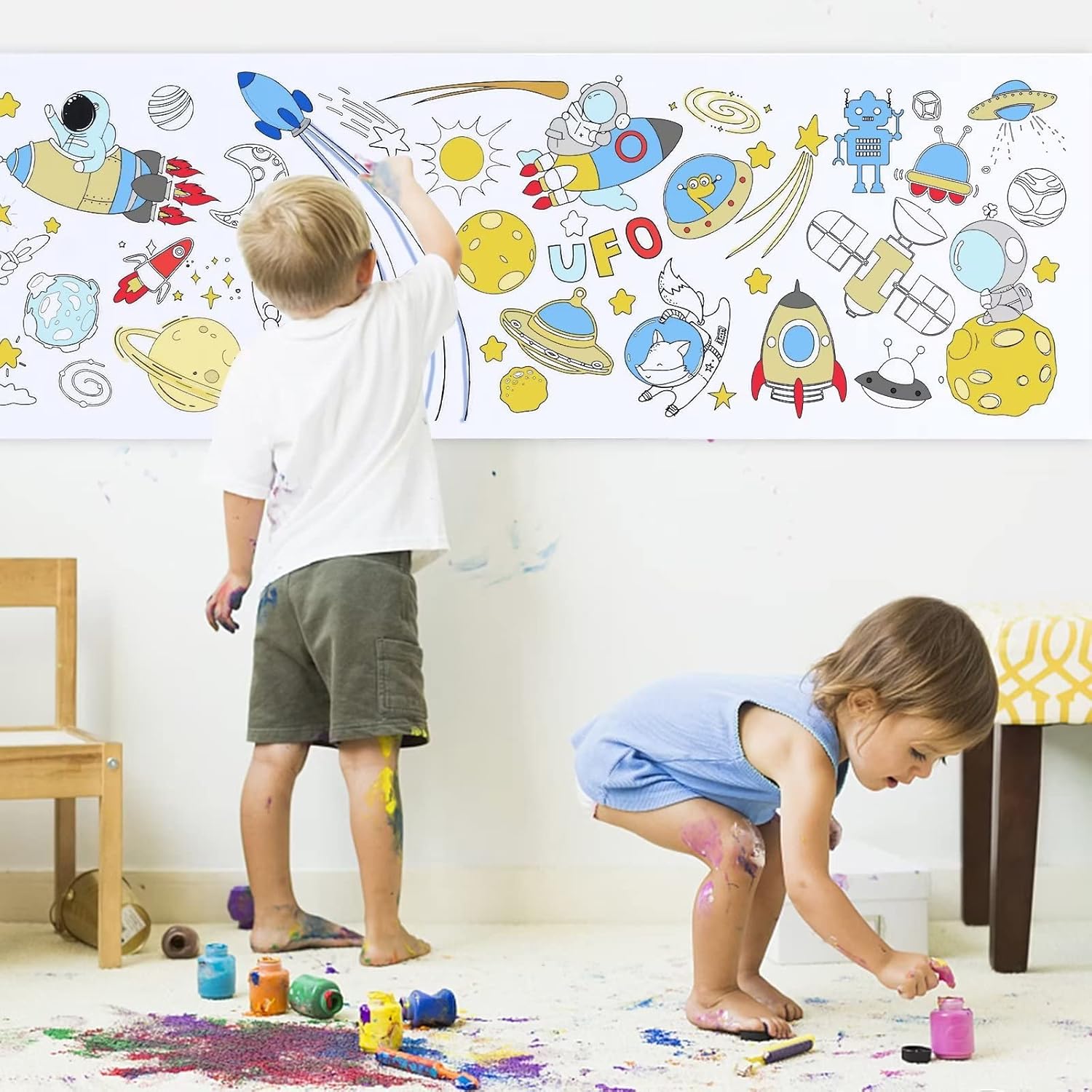 Multi-Themed Children Drawing Roll, 118″ X 15″ Coloring Paper Roll, DIY Painting Color Filling Paper for Kids