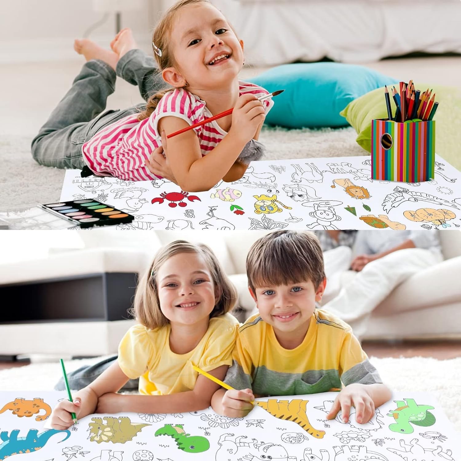 Multi-Themed Children Drawing Roll, 118″ X 15″ Coloring Paper Roll, DIY Painting Color Filling Paper for Kids