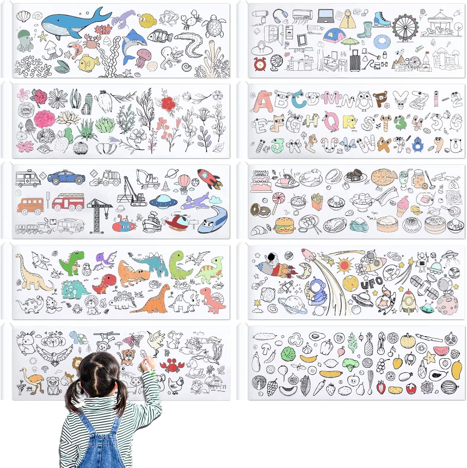 Multi-Themed Children Drawing Roll, 118″ X 15″ Coloring Paper Roll, DIY Painting Color Filling Paper for Kids