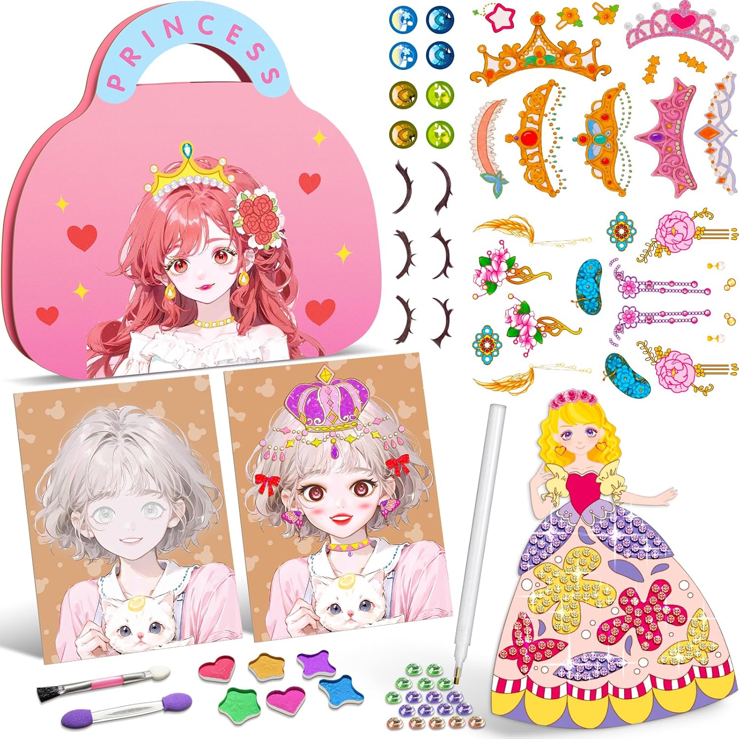 Princess Art Craft Kits for Girls , Foil Crafts Art Fun & Gem Painting, Makeup Diamond DIY Activity, Dress up Sticker Books
