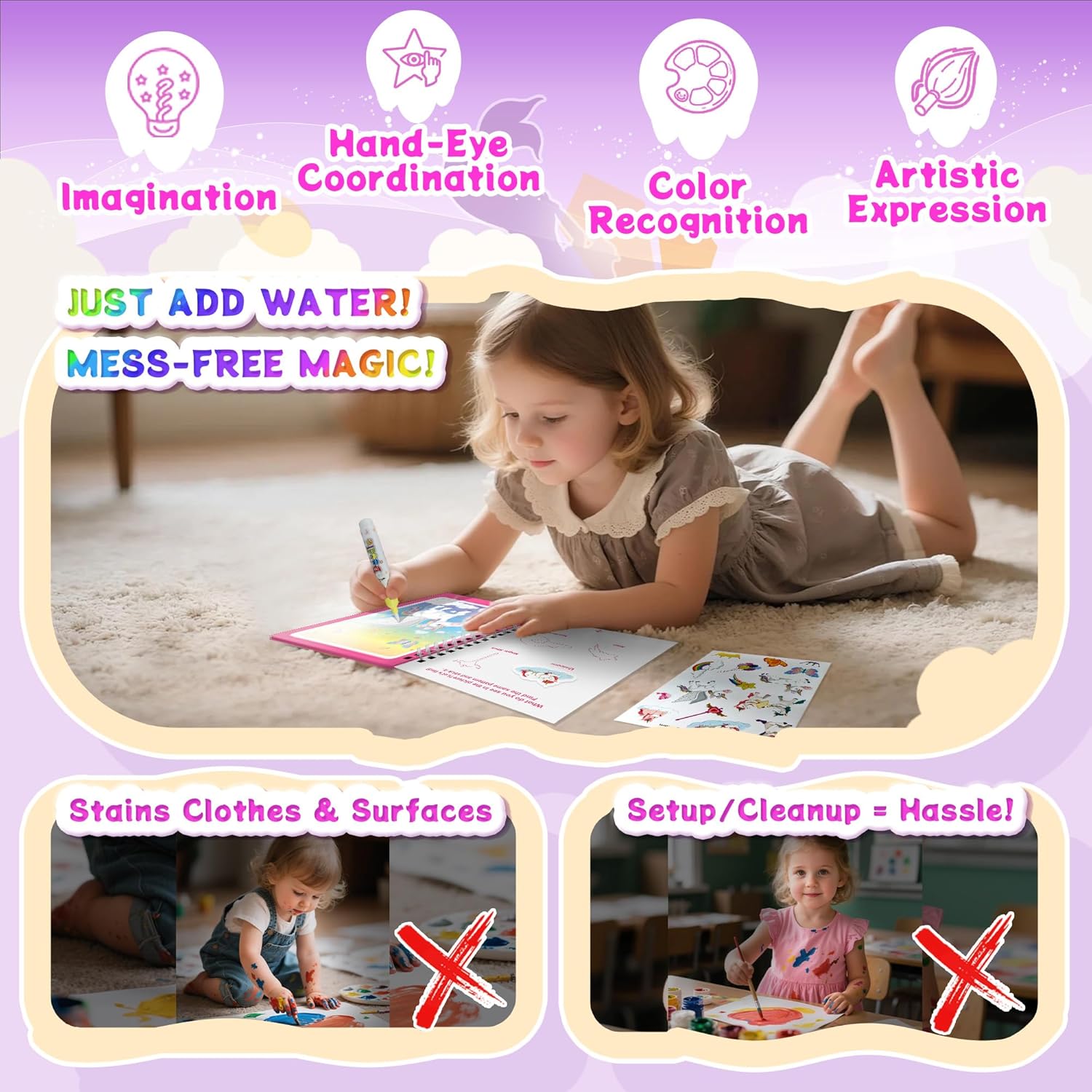 Reusable Magic Water Painting Book for Toddlers with 110+ Stickers & Pen, Magic Drawing Activities Coloring Books for Toddler
