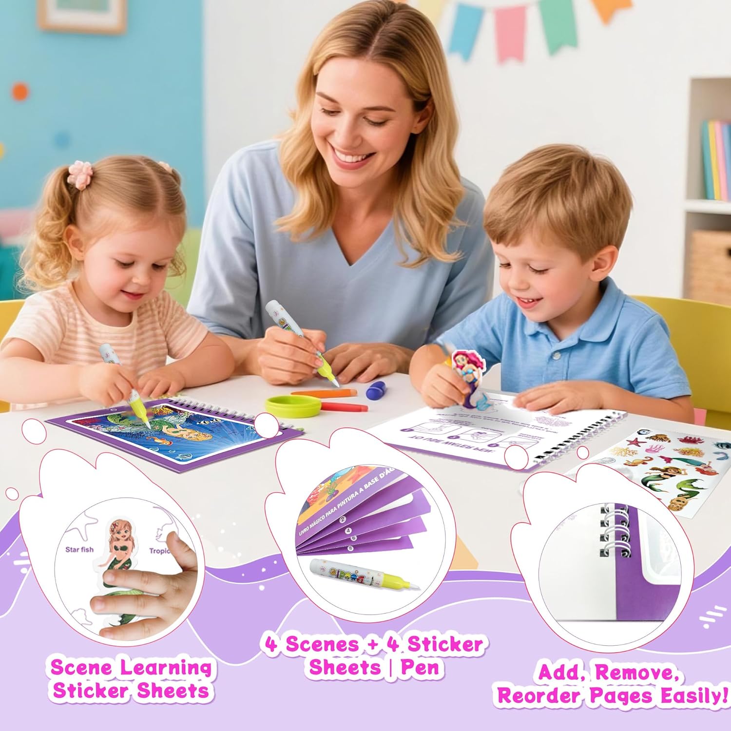 Reusable Magic Water Painting Book for Toddlers with 110+ Stickers & Pen, Magic Drawing Activities Coloring Books for Toddler