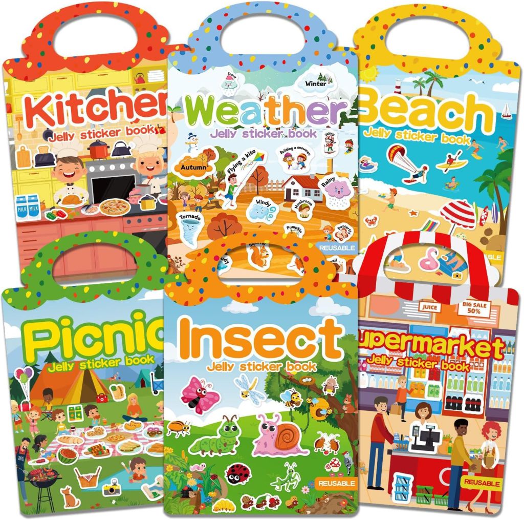 Reusable Sticker Book for Toddlers 3-6, Jelly Sticker Books for Toddler, Travel Sticker Activity Toys for Kids Girls & Boys