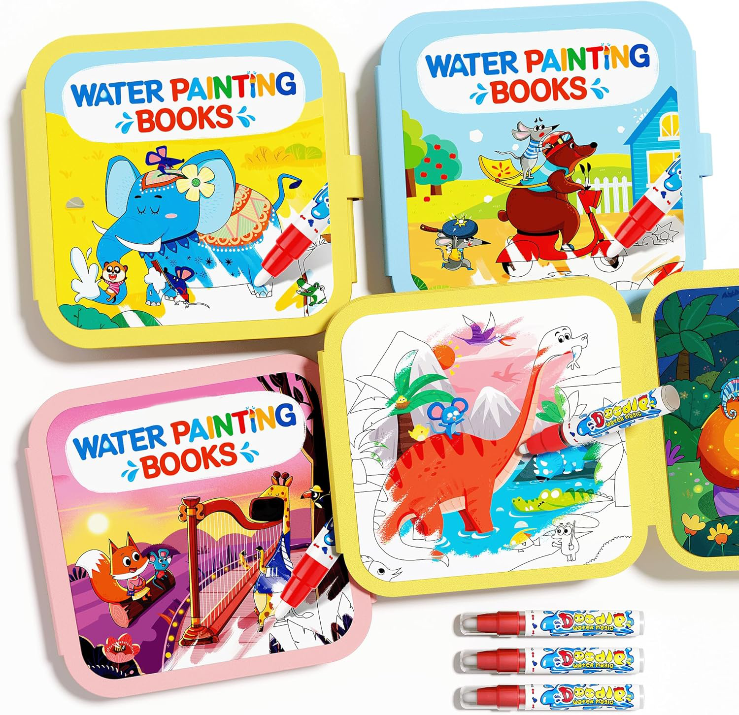 Reusable Water Painting Books for Kids – 3-Pack Magic Water Reveal Coloring Books with Water Pens (Fairy Tale Animal & Dinosaur)