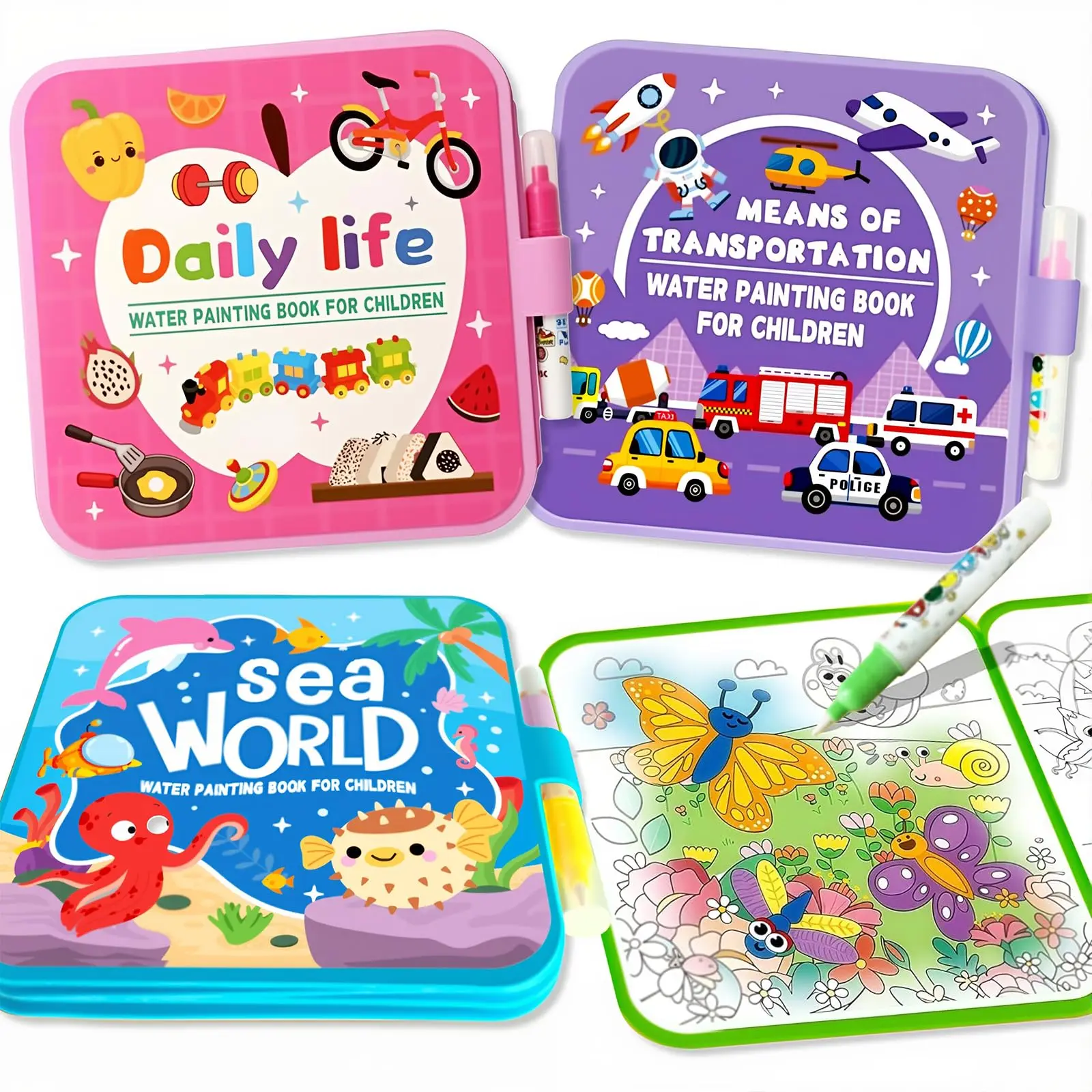 Reusable Water Painting Books for Kids: 3 Pack Mess-Free Magic Water Coloring Books – Paint with Water Books
