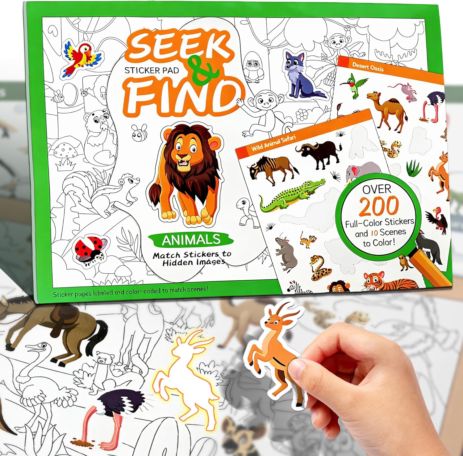 Seek and Find Books for Kids with 200+ Waterproof Stickers & 10 Scenes to Color, Sticker Book for Kid, Sticker Book for Kid