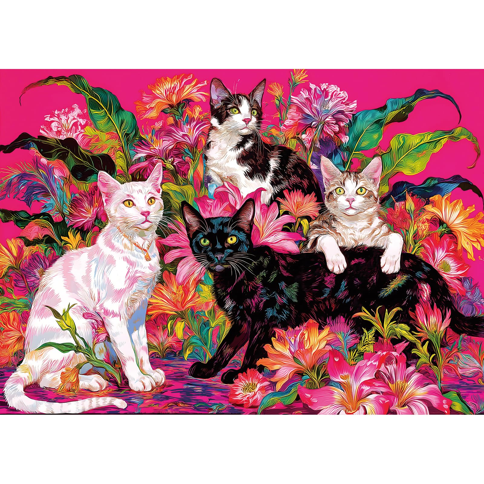 Spring Cat & Flower 1000 Piece Puzzles for Adults , Colorful Fun Puzzles ,  for Gifts Halloween Christmas Family Games.