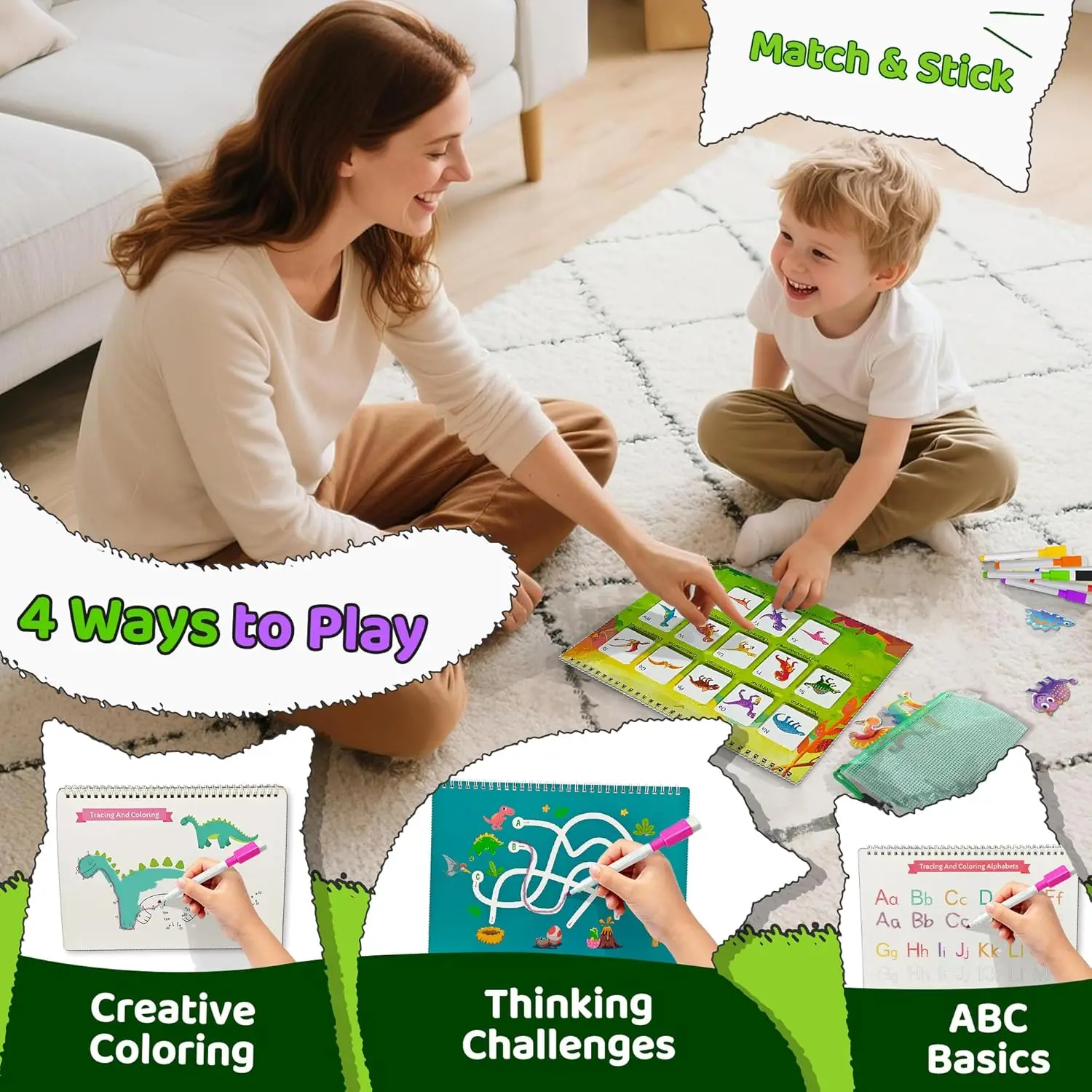 Velcro Pasted 28 Themes Montessori Busy Book for Toddlers 1-3 with 8 Markers & Storge Bag, Reusable Toddler Activity Books
