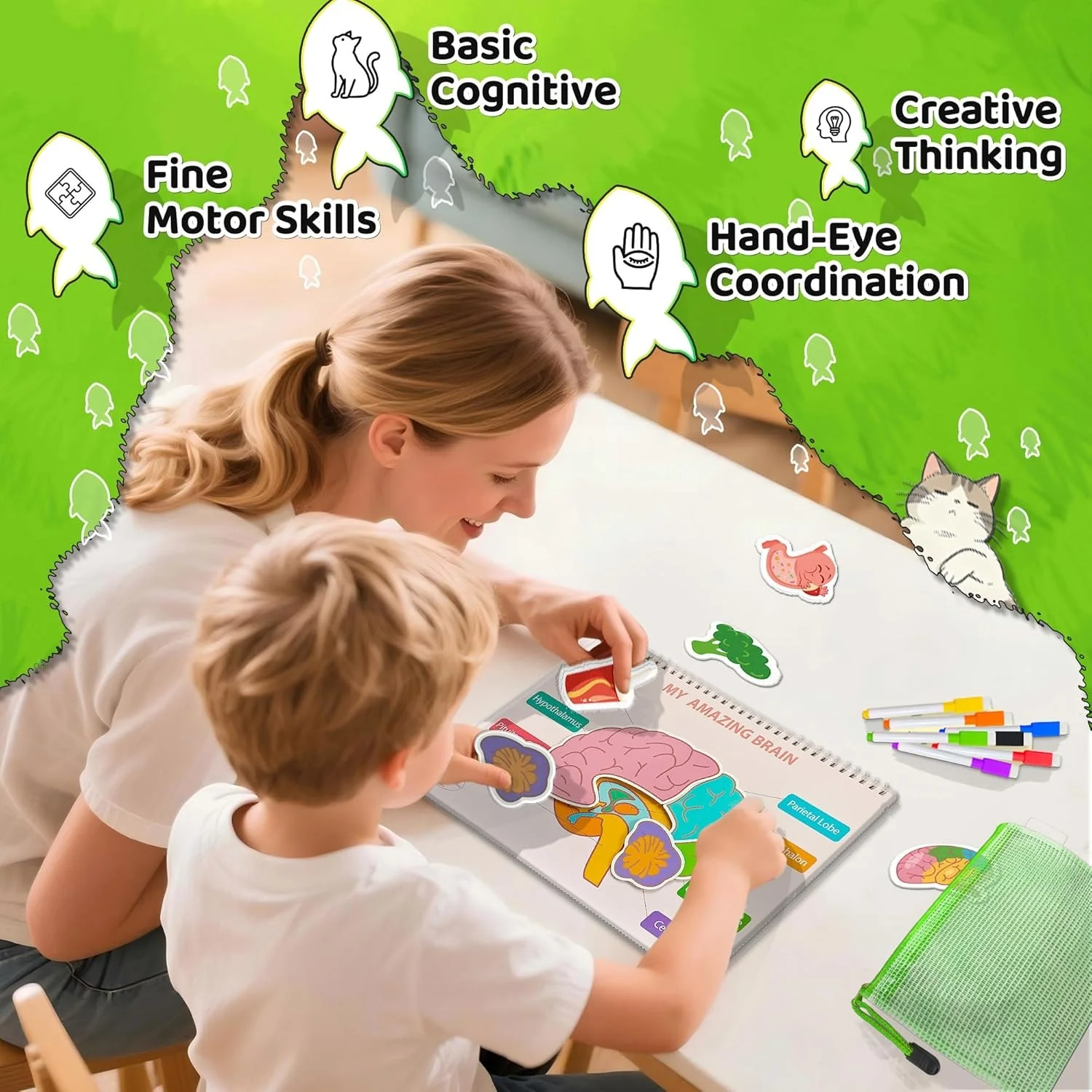 Velcro Pasted 28 Themes Montessori Busy Book for Toddlers 1-3 with 8 Markers & Storge Bag, Reusable Toddler Activity Books