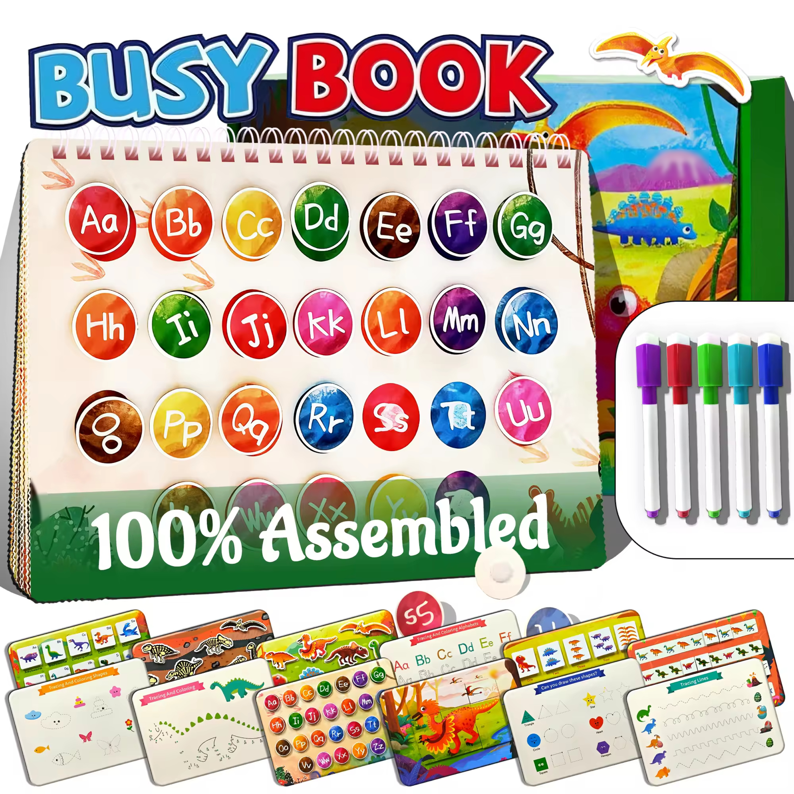 Velcro Pasted 28 Themes Montessori Busy Book for Toddlers 1-3 with 8 Markers & Storge Bag, Reusable Toddler Activity Books