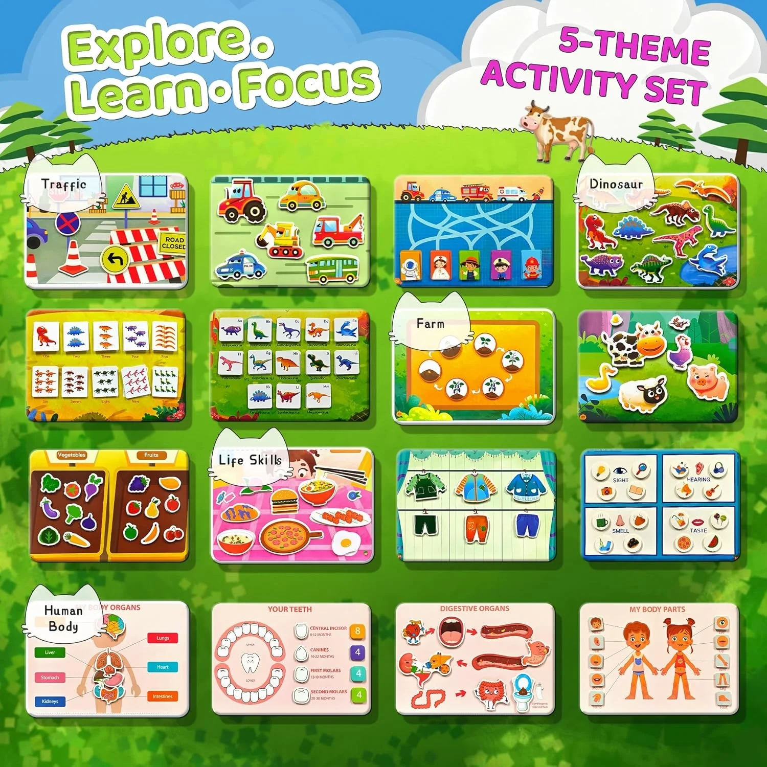 Velcro Pasted 28 Themes Montessori Busy Book for Toddlers 1-3 with 8 Markers & Storge Bag, Reusable Toddler Activity Books