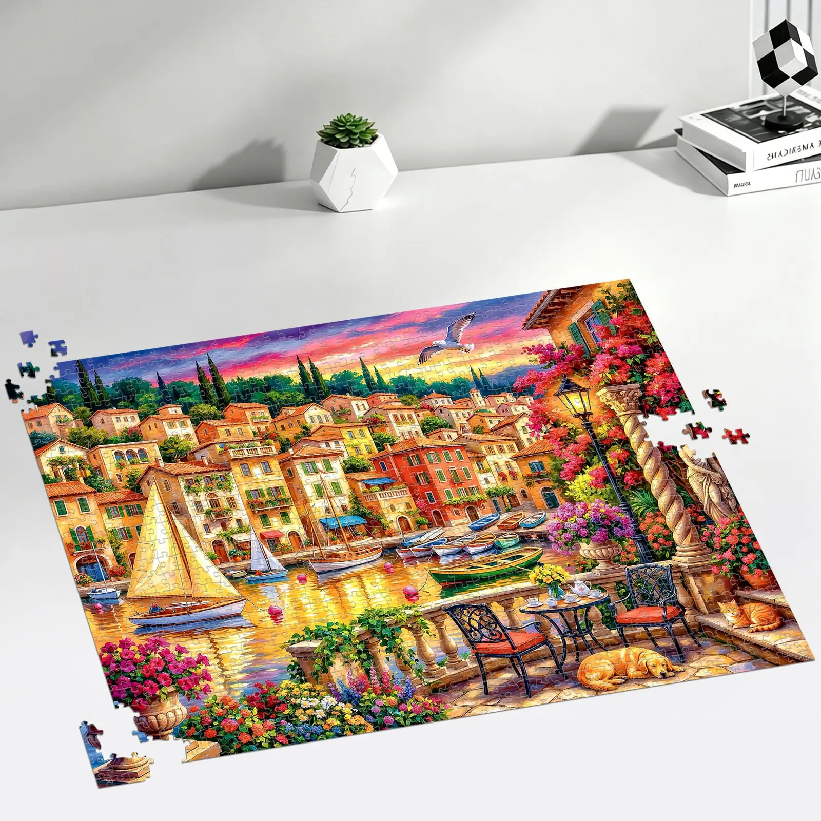 1000 Piece Puzzle for Adults, Seaside Harbor Sunset Jigsaw Puzzles , , Colorful Harbor Houses Puzzles for Adults