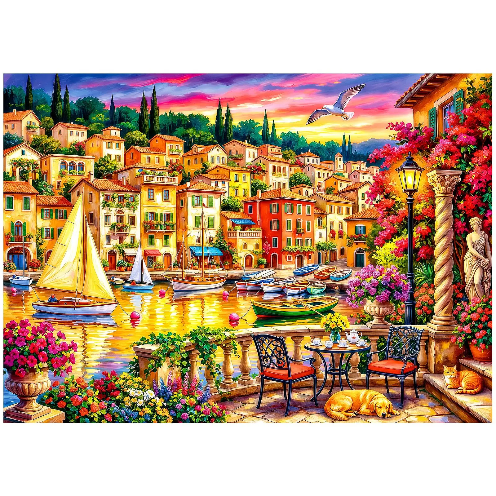 1000 Piece Puzzle for Adults, Seaside Harbor Sunset Jigsaw Puzzles , , Colorful Harbor Houses Puzzles for Adults