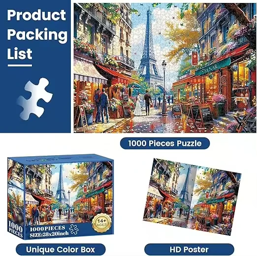 1000pc Paris Puzzle, Recycled Paper, Fun & Challenging for Adults/Kids, Family Game, Gift, 28x20in