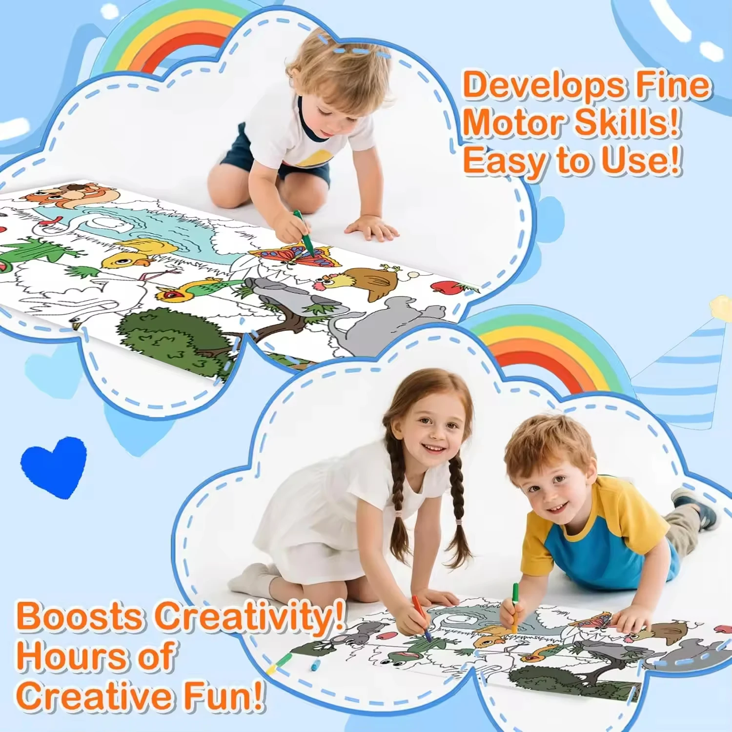 118″ X 15″ Sticky Giant Animal-Themed Coloring Roll for Kids Ages 4-8 Perforated Easy Tearing DIY Paper Roll Box Packaging