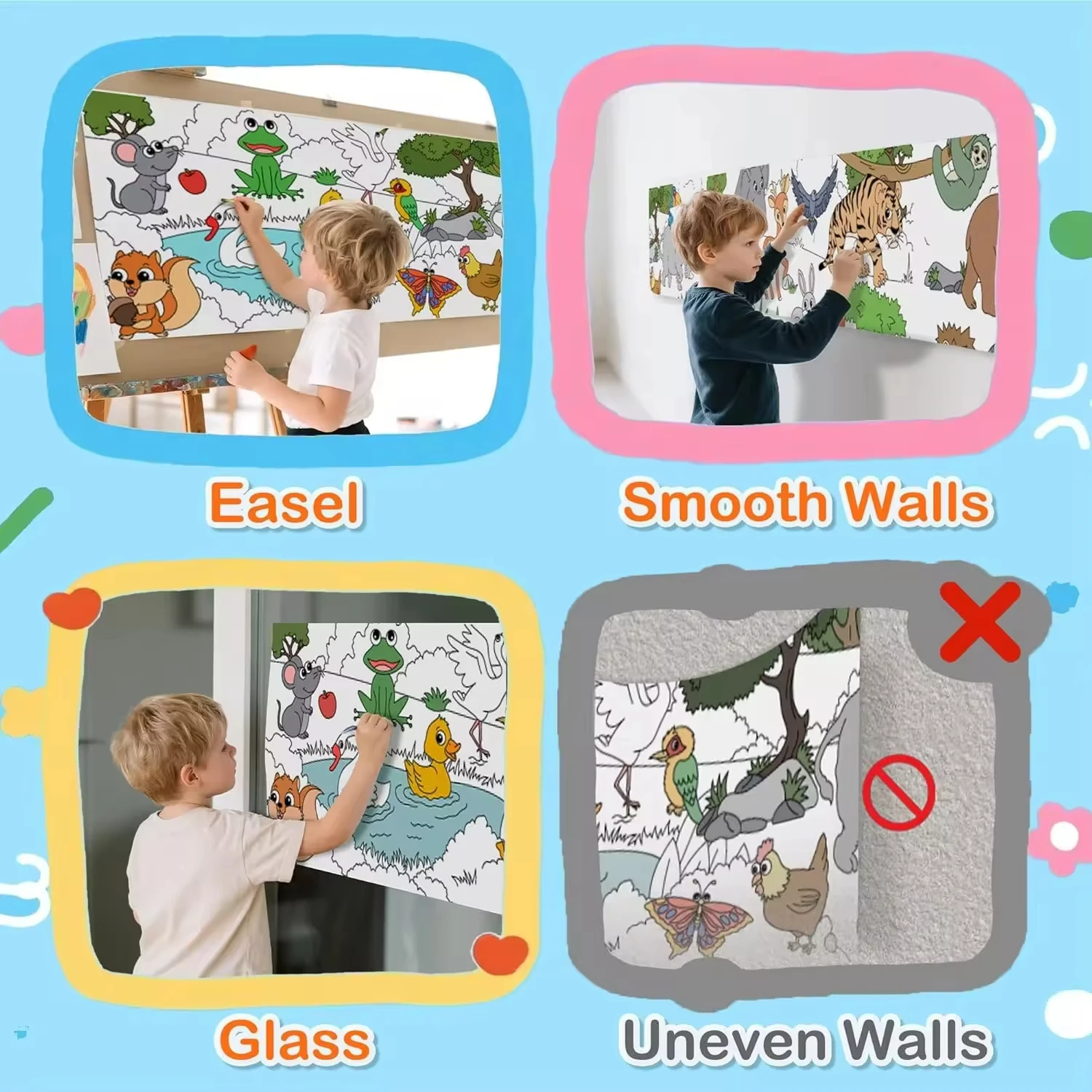 118″ X 15″ Sticky Giant Animal-Themed Coloring Roll for Kids Ages 4-8 Perforated Easy Tearing DIY Paper Roll Box Packaging