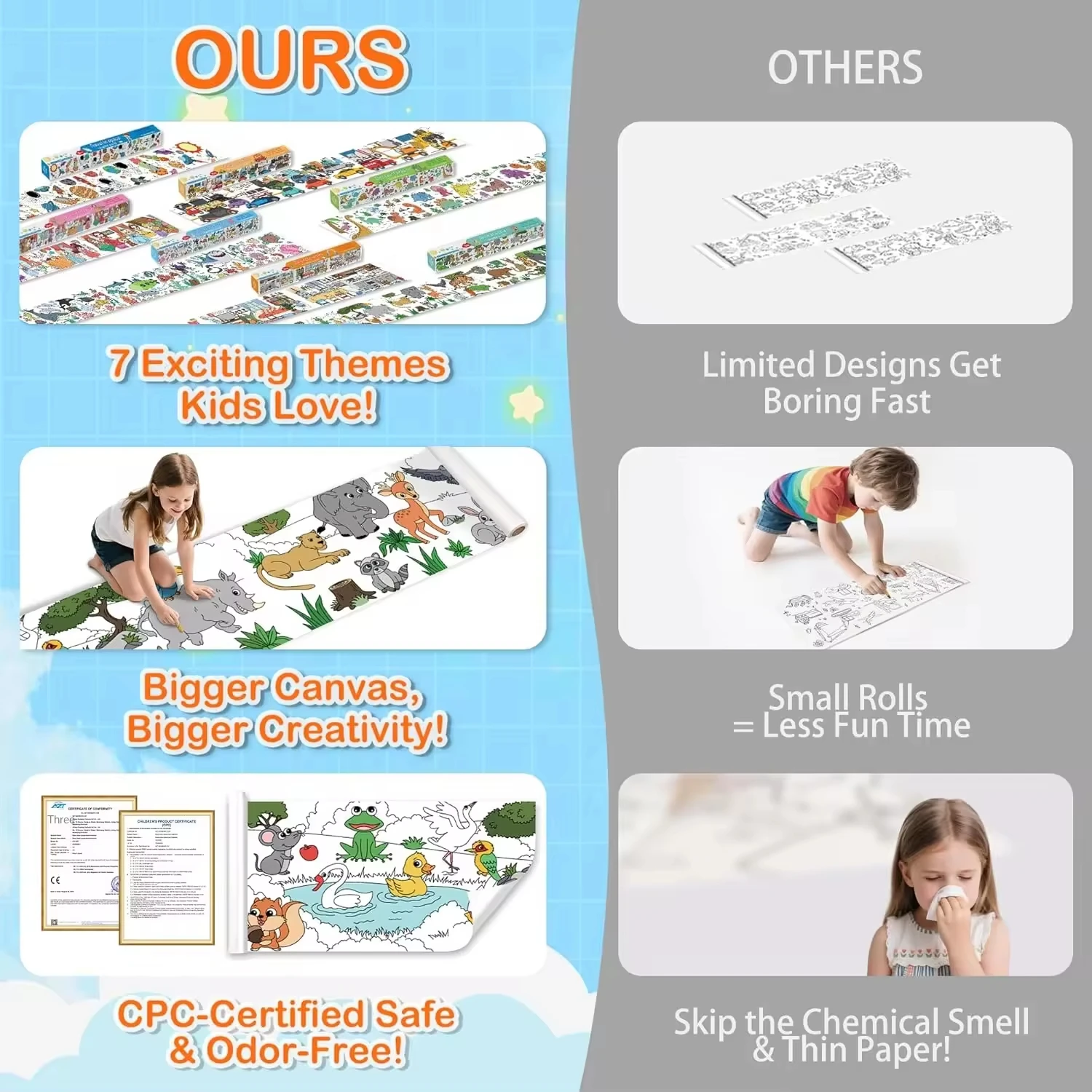 118″ X 15″ Sticky Giant Animal-Themed Coloring Roll for Kids Ages 4-8 Perforated Easy Tearing DIY Paper Roll Box Packaging
