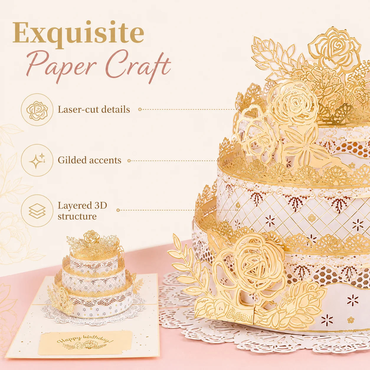 3D Carousel Pop Up Greeting Card, Laser Cut Handmade Luxury Birthday Cake Set with Envelope and Blank Note, Commemorative Gifts