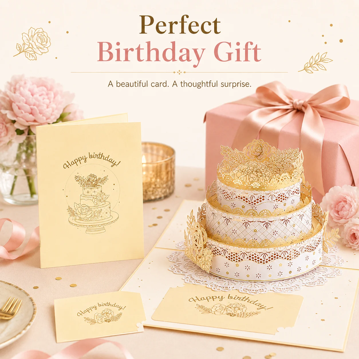 3D Carousel Pop Up Greeting Card, Laser Cut Handmade Luxury Birthday Cake Set with Envelope and Blank Note, Commemorative Gifts