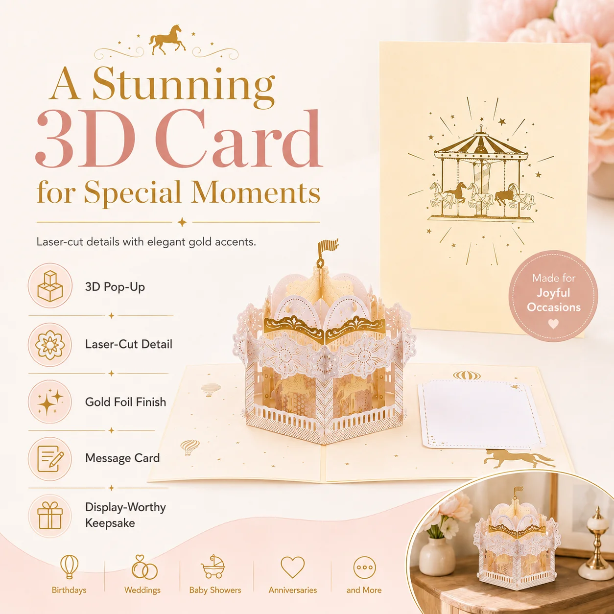 3D Carousel Pop up Greeting Card Laser Cut Handmade 3D Carousel Pop up Greeting Card for Wedding Birthday Gift
