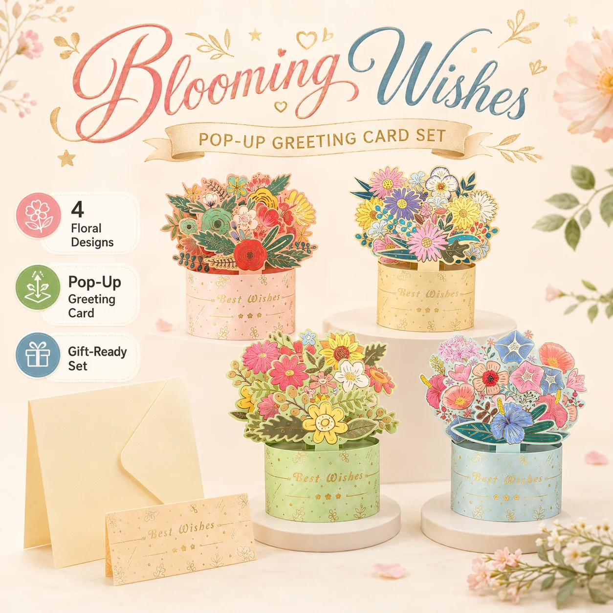 3D Pop up Bouquet Greeting Card, Gold Foil Laser Cut Handmade 3D Pop up Bouquet Greeting Card for Valentine Mother’s Day