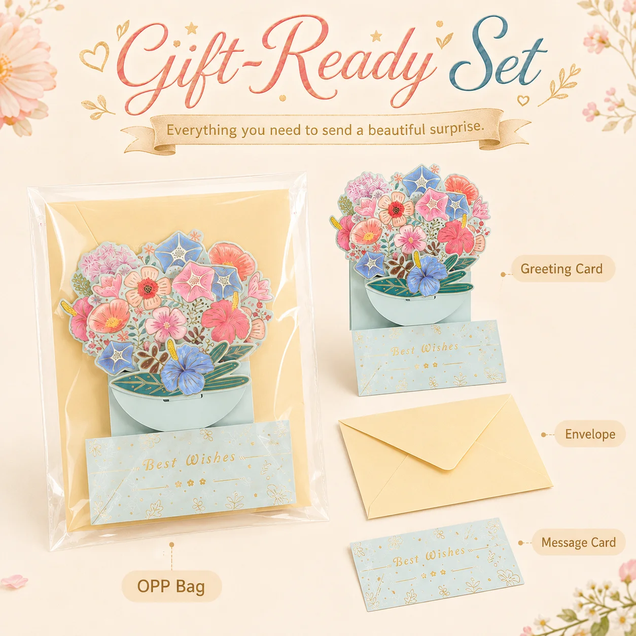 3D Pop up Bouquet Greeting Card, Gold Foil Laser Cut Handmade 3D Pop up Bouquet Greeting Card for Valentine Mother’s Day