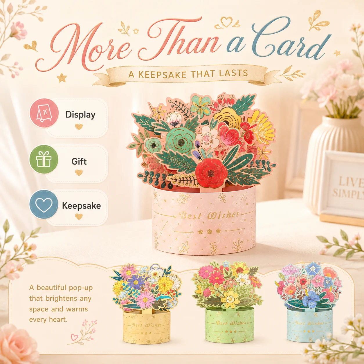 3D Pop up Bouquet Greeting Card, Gold Foil Laser Cut Handmade 3D Pop up Bouquet Greeting Card for Valentine Mother’s Day
