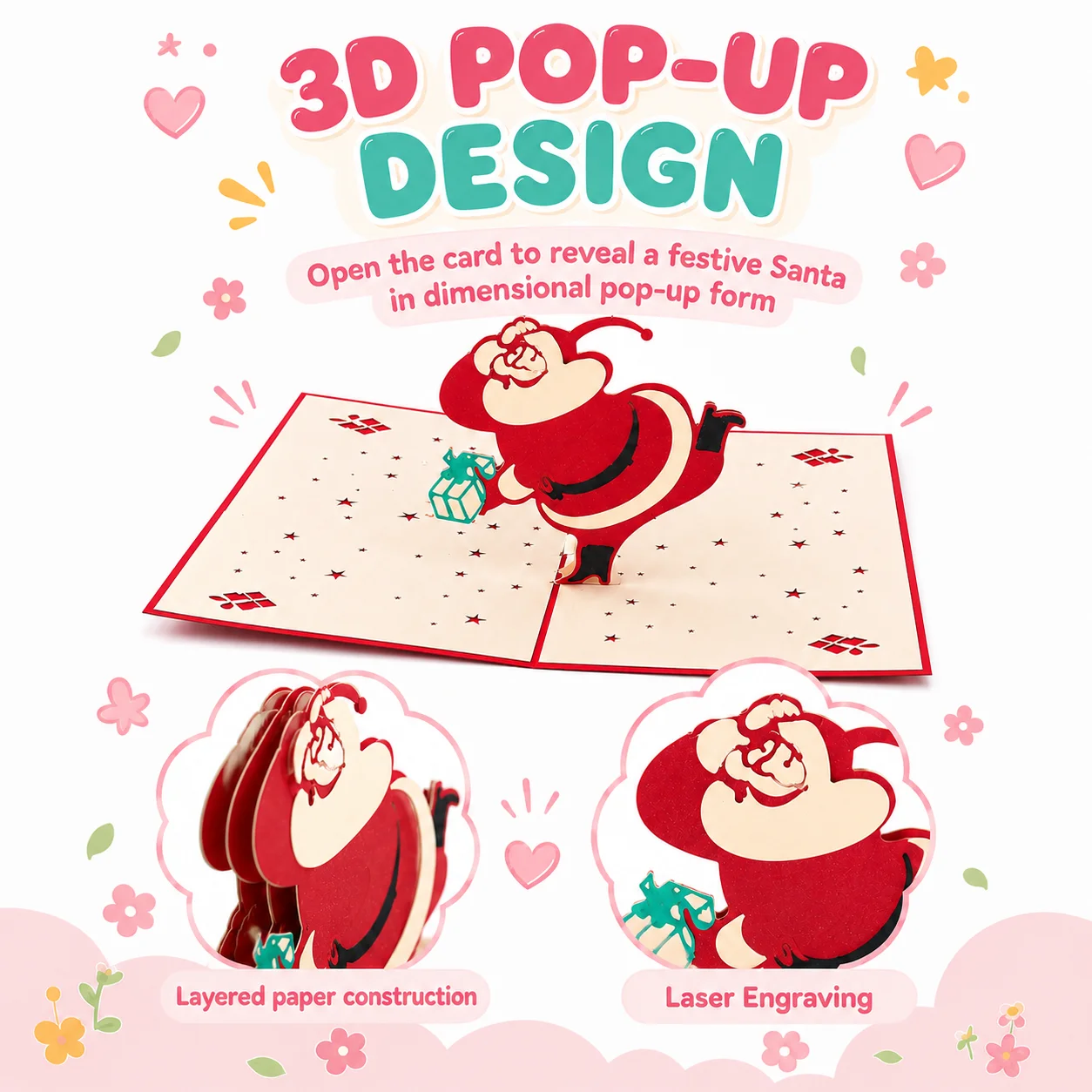 3D Pop up Christmas Greeting Card Santa Claus Handmade, Festival Gift 3D Pop up Christmas Greeting Card Laser Cut Wholesale