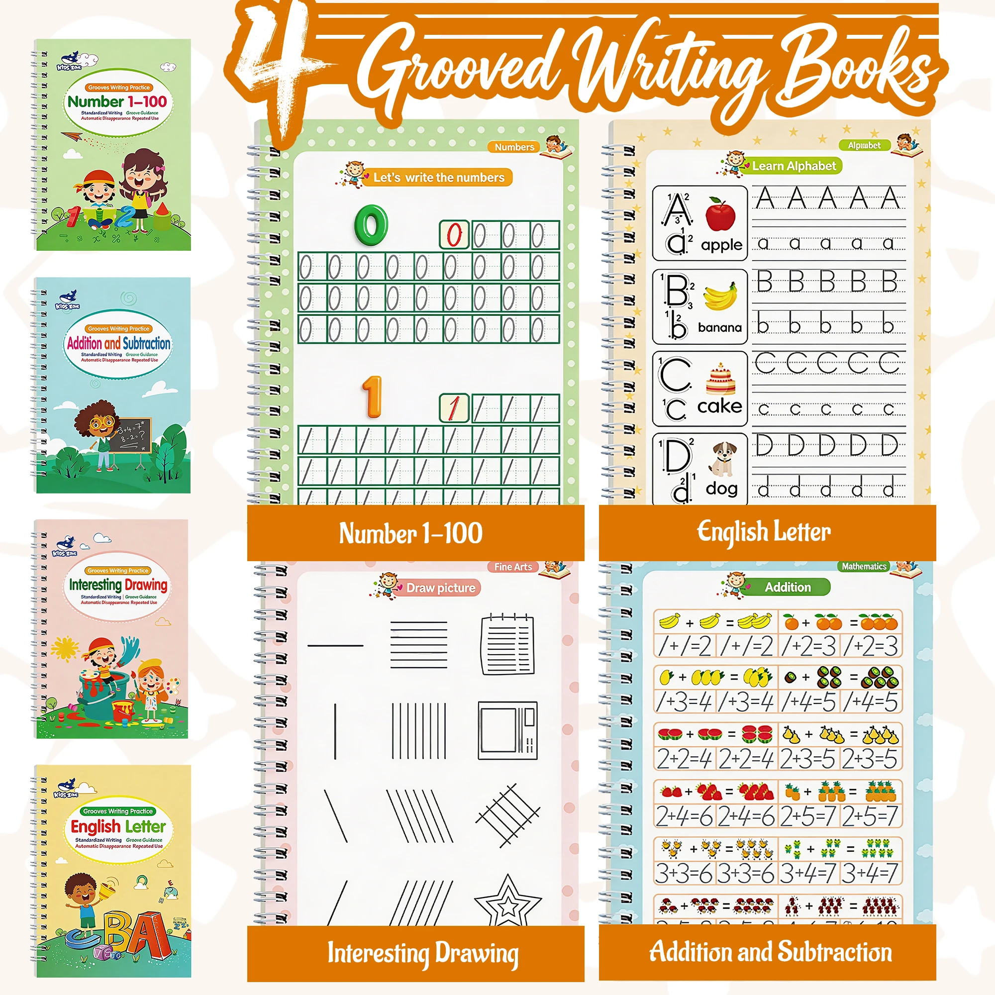 4 Books Reusable Magic Grooved Writing Practice Set, Kids Handwriting Workbook with 1 Pen 5 Refills 1 Grip, Montessori Gift