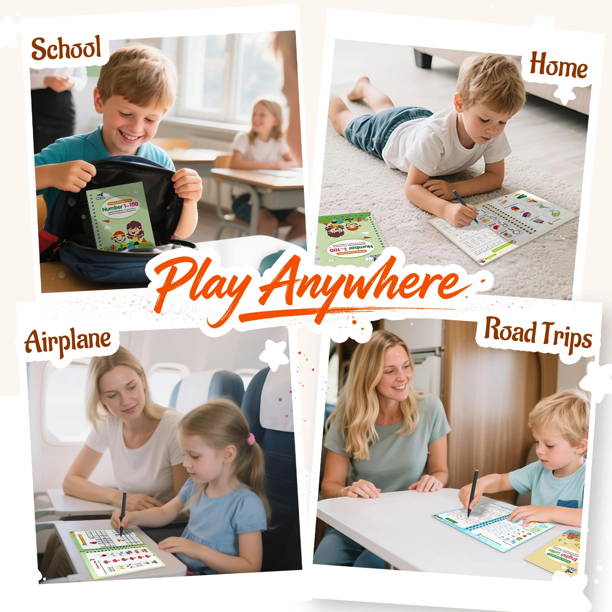 4 Books Reusable Magic Grooved Writing Practice Set, Kids Handwriting Workbook with 1 Pen 5 Refills 1 Grip, Montessori Gift