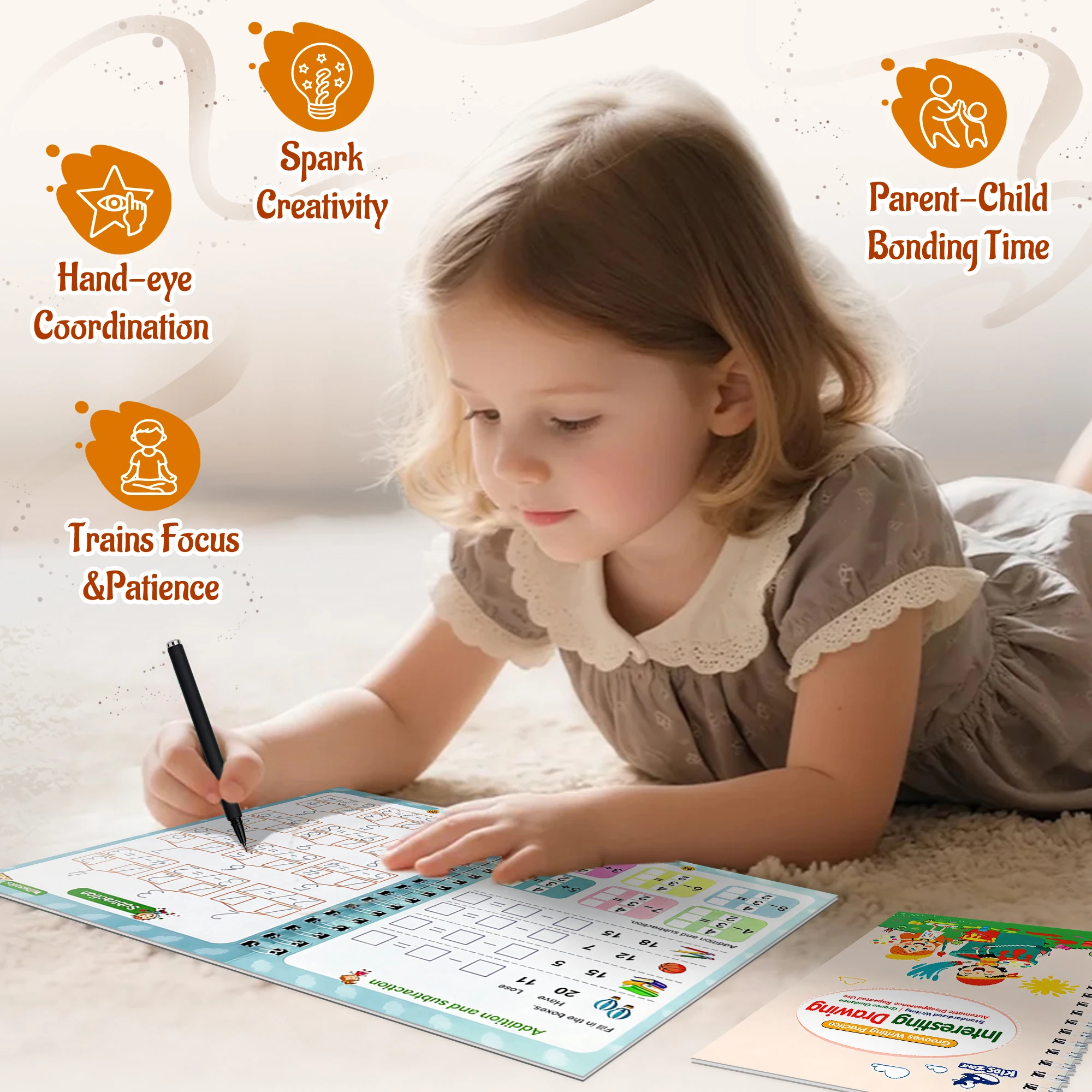 4 Books Reusable Magic Grooved Writing Practice Set, Kids Handwriting Workbook with 1 Pen 5 Refills 1 Grip, Montessori Gift