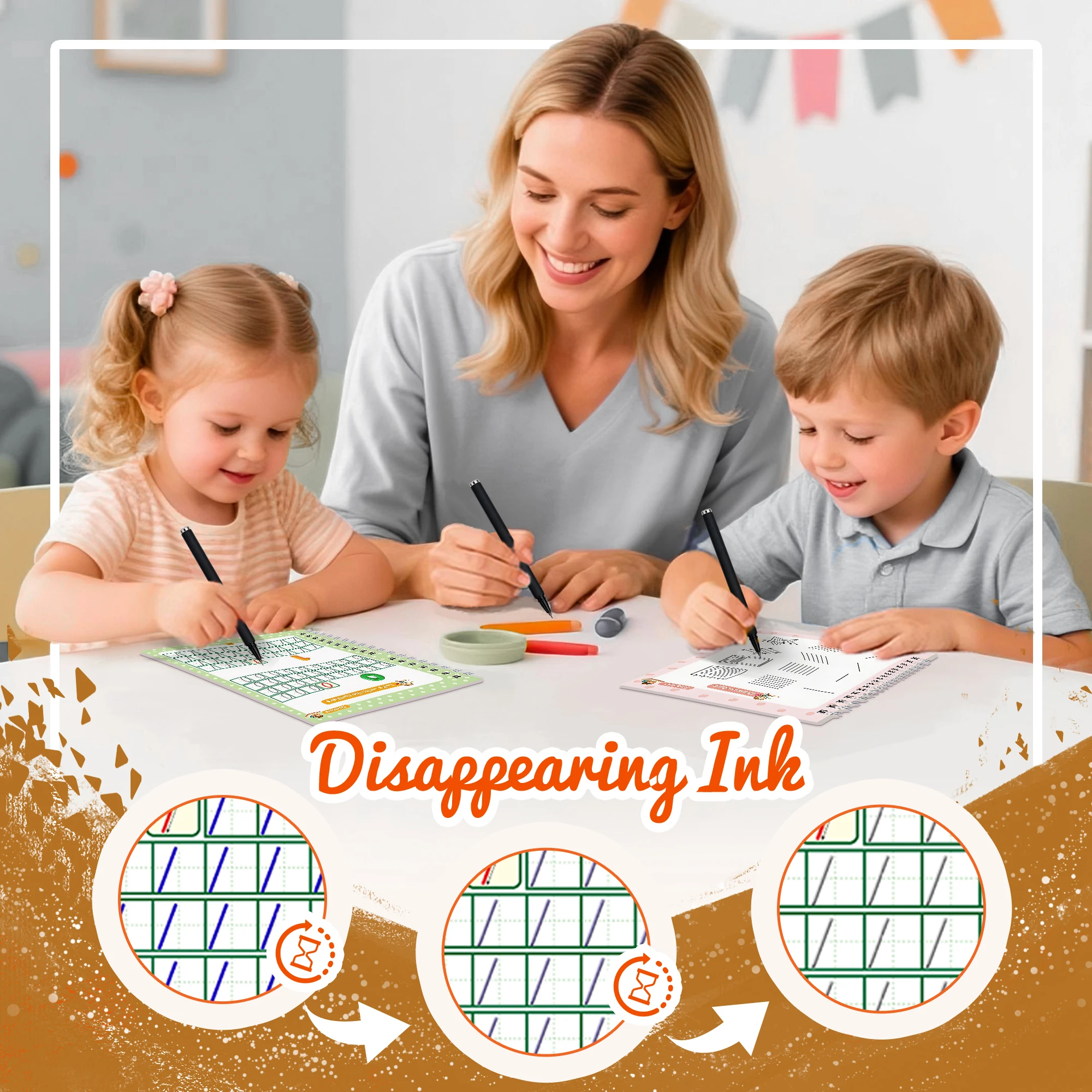 4 Books Reusable Magic Grooved Writing Practice Set, Kids Handwriting Workbook with 1 Pen 5 Refills 1 Grip, Montessori Gift