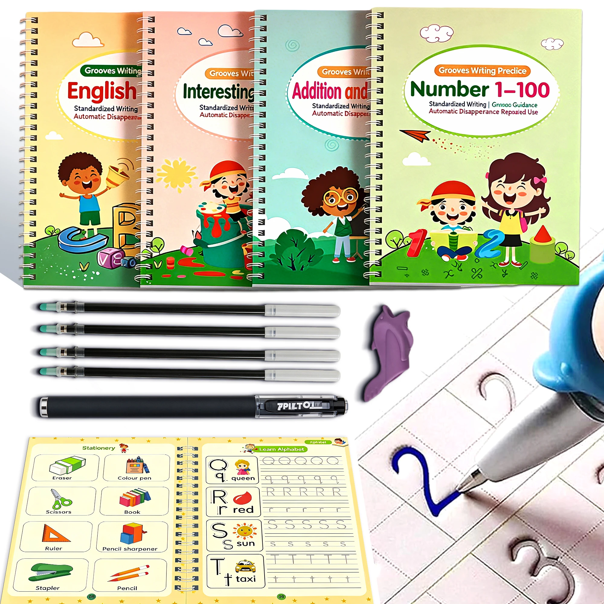 4 Books Reusable Magic Grooved Writing Practice Set, Kids Handwriting Workbook with 1 Pen 5 Refills 1 Grip, Montessori Gift