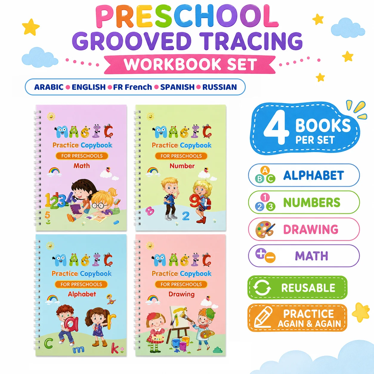 5 Languages Grooved Handwriting Practice Book Set 4Pcs with Pen 5 Refills & Grip for Arabic English French Spanish Russian