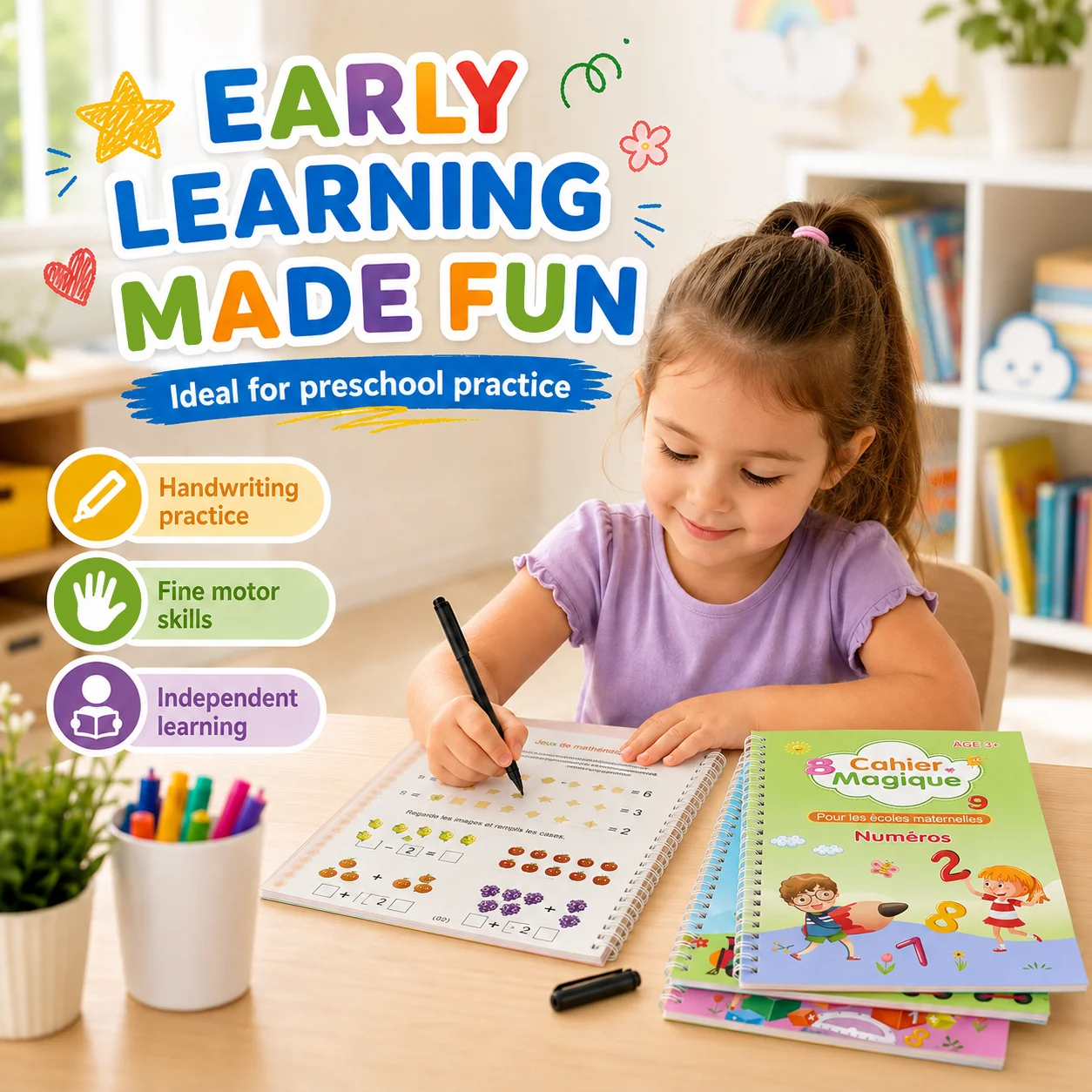 5 Languages Grooved Handwriting Practice Book Set 4Pcs with Pen 5 Refills & Grip for Arabic English French Spanish Russian