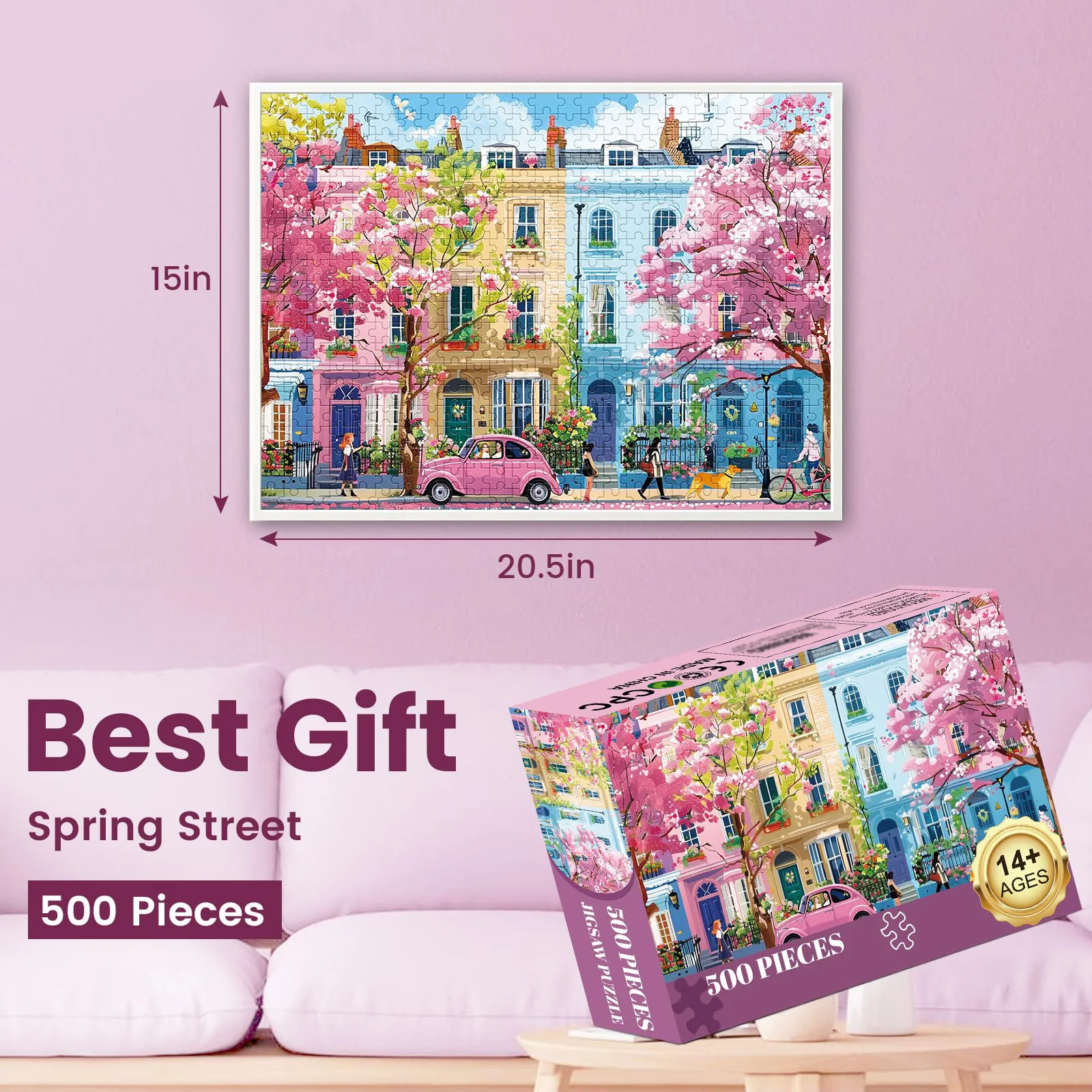 500 Pieces Jigsaw Puzzles for Adults, Blooming Street City Puzzle 500 Pieces, Puzzles with Letters on Back, Family Game Gifts.