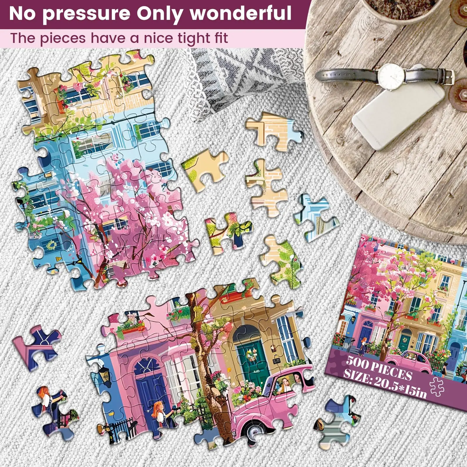500 Pieces Jigsaw Puzzles for Adults, Blooming Street City Puzzle 500 Pieces, Puzzles with Letters on Back, Family Game Gifts.