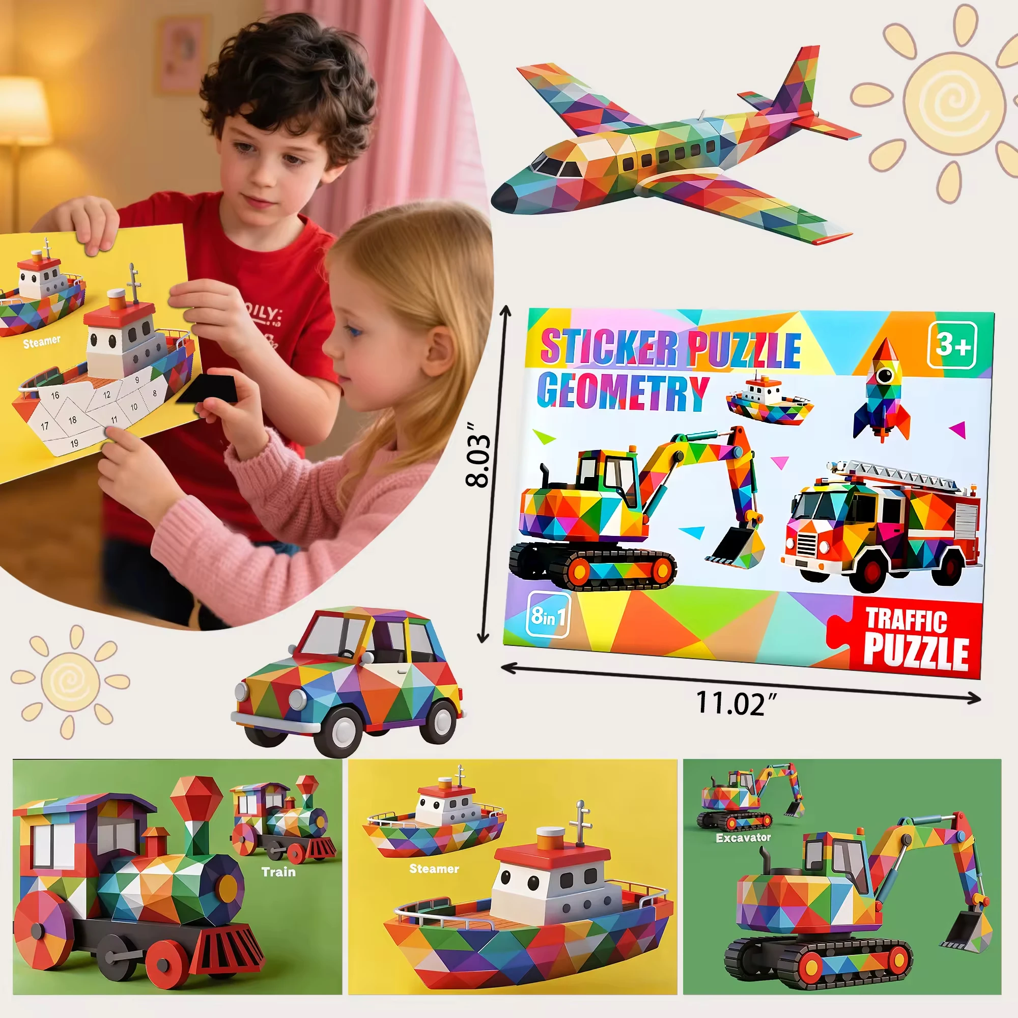 CE CPC 3D Geometric Shape Paper Sticker Puzzle Painting Book Kids Early Learning Toys DIY Animal Collage Sticker by Number
