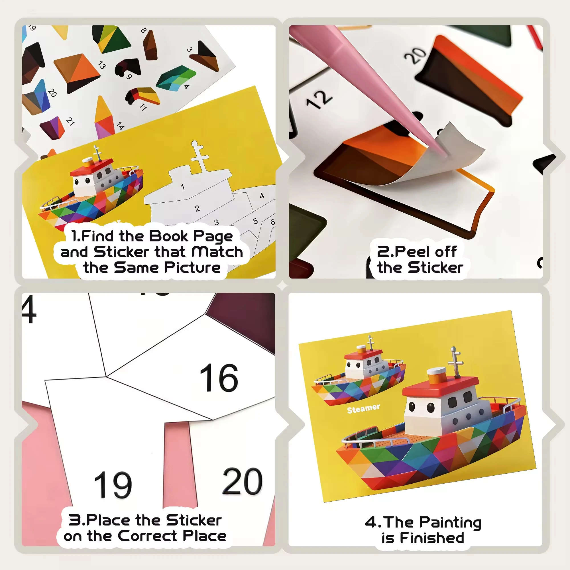 CE CPC 3D Geometric Shape Paper Sticker Puzzle Painting Book Kids Early Learning Toys DIY Animal Collage Sticker by Number
