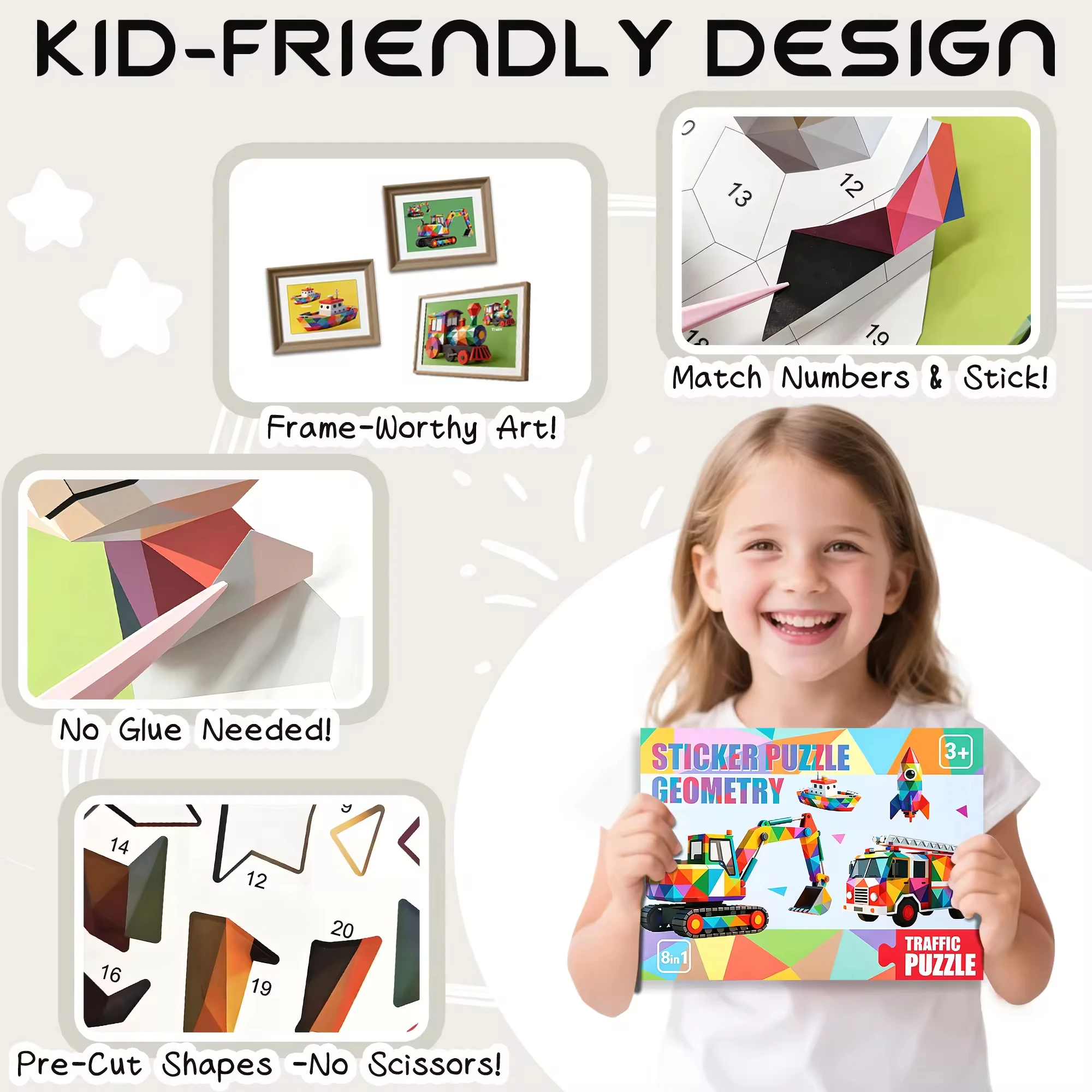CE CPC 3D Geometric Shape Paper Sticker Puzzle Painting Book Kids Early Learning Toys DIY Animal Collage Sticker by Number