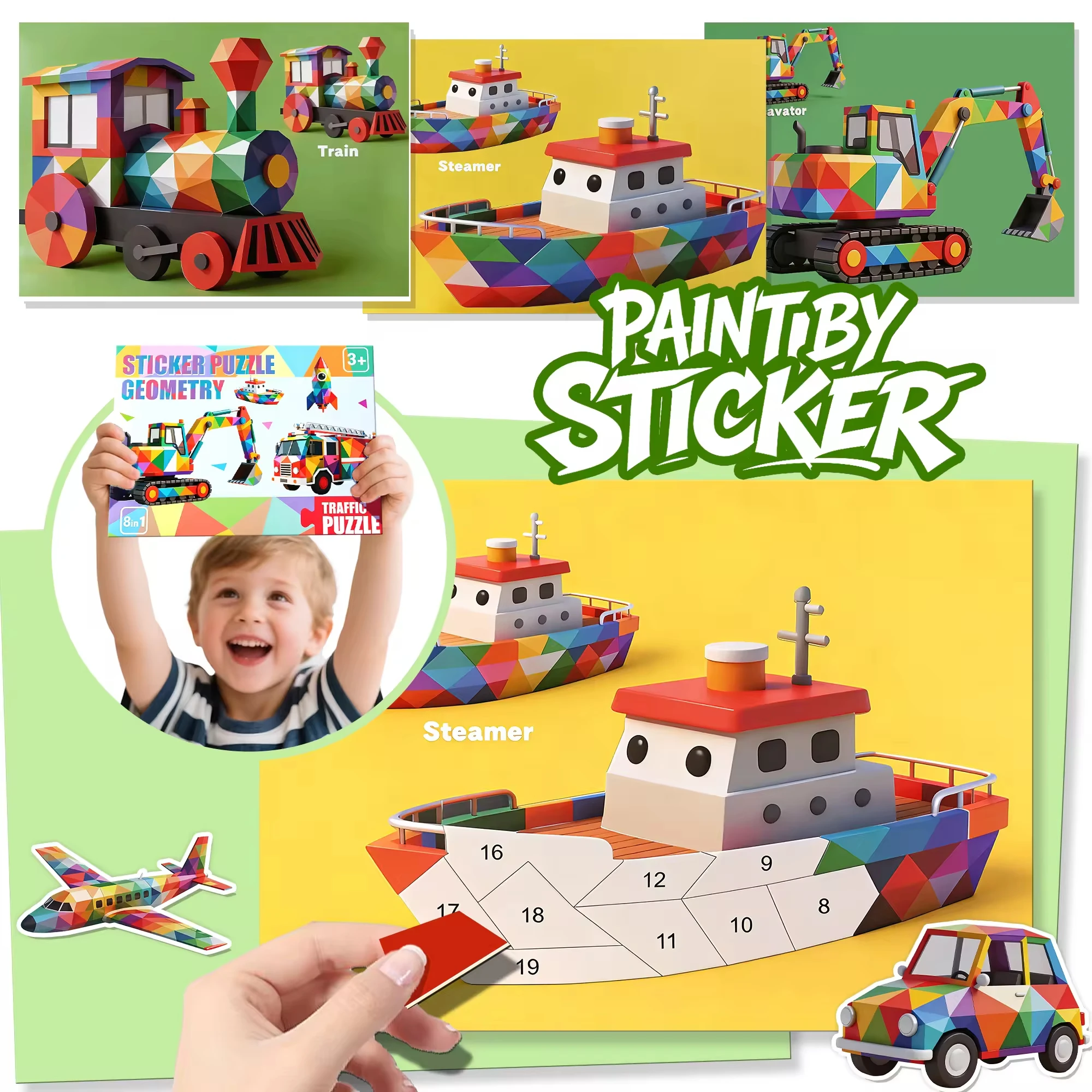CE CPC 3D Geometric Shape Paper Sticker Puzzle Painting Book Kids Early Learning Toys DIY Animal Collage Sticker by Number