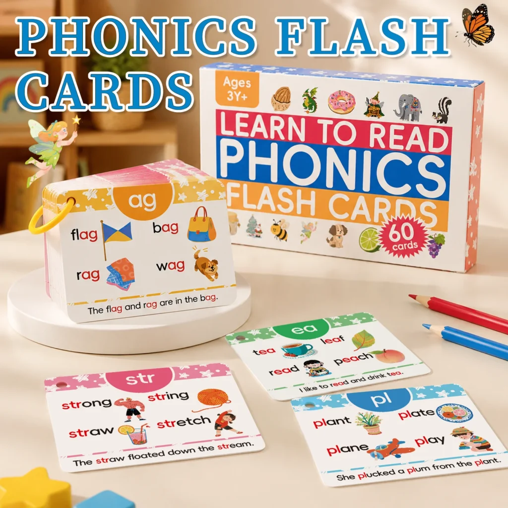 Children’s Phonics Flash Cards, Waterproof Laminated Large Size Early Learning English Word Cards for Toddlers
