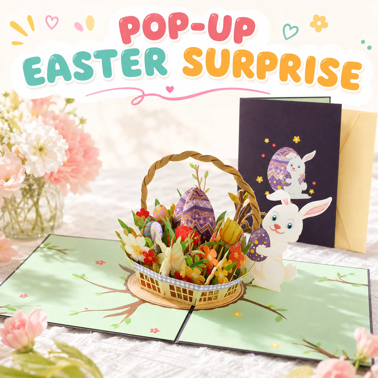 Custom 3D Pop up Easter Greeting Card Laser Cut Paper Carving Bunny 3D Pop up Easter Greeting Card with Envelope Gift Wholesale