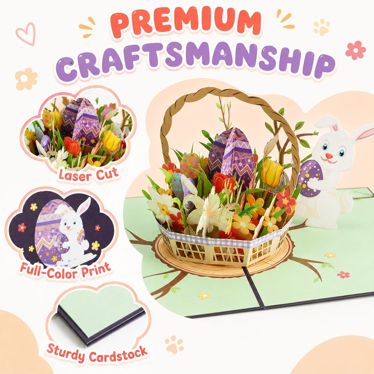 Custom 3D Pop up Easter Greeting Card Laser Cut Paper Carving Bunny 3D Pop up Easter Greeting Card with Envelope Gift Wholesale