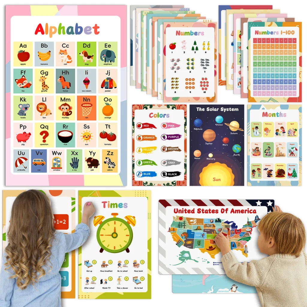 Educational Posters for Kids Set of 20 Montessori Classroom Decor Waterproof Laminated Learning Wall Art for Toddler Preschool