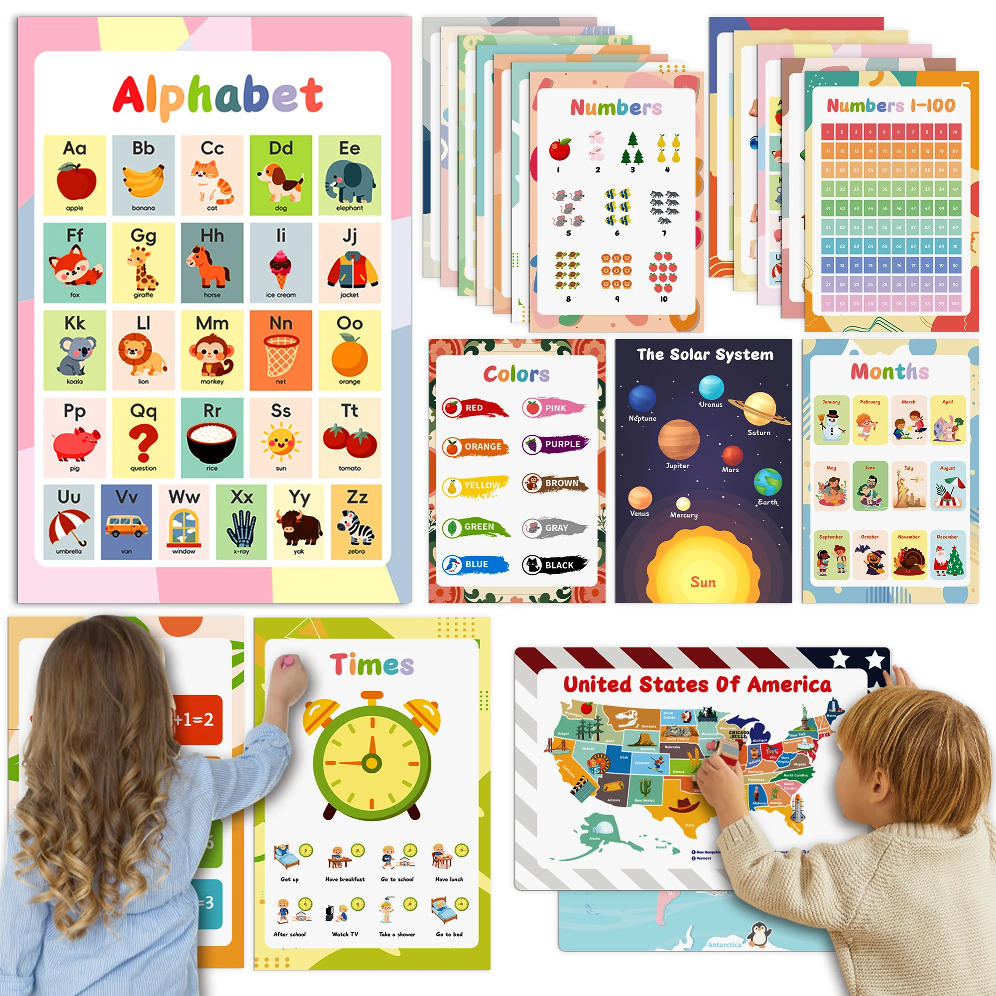 Educational Posters for Kids Set of 20 Montessori Classroom Decor Waterproof Laminated Learning Wall Art for Toddler Preschool