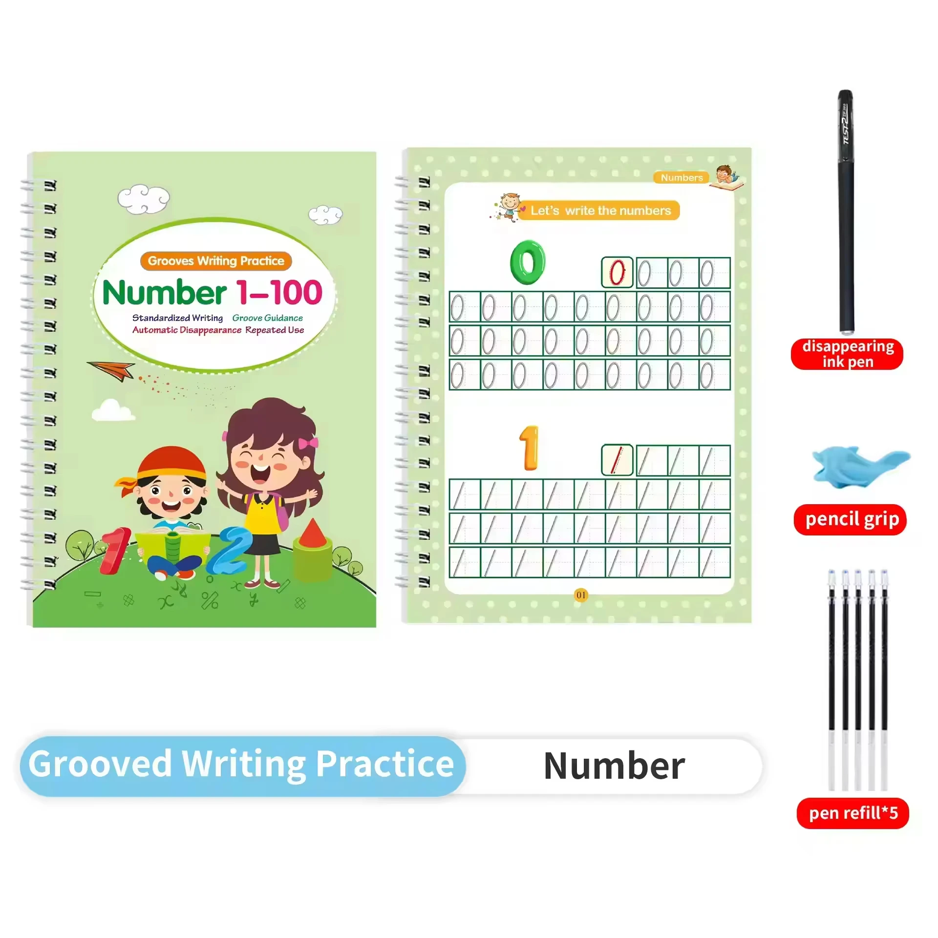 Large Reusable Magic Grooved Writing Practice for Kids with 1 Pen & 5 Refills, Disappearing Ink Handwriting Book