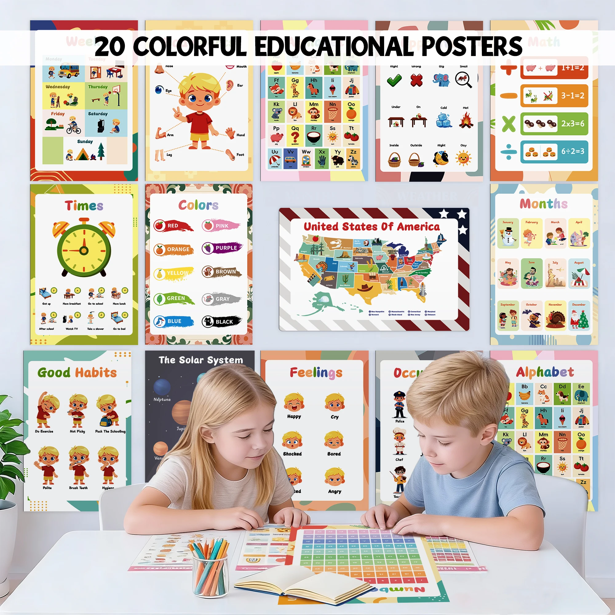 Educational Posters for Kids Set of 20 Montessori Classroom Decor Waterproof Laminated Learning Wall Art for Toddler Preschool