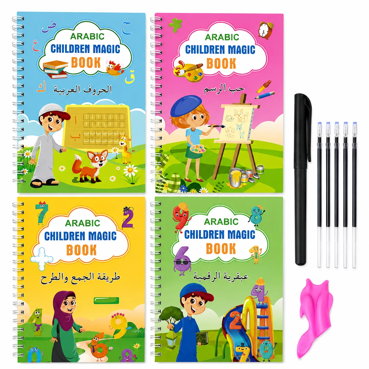 5 Languages Grooved Handwriting Practice Book Set 4Pcs with Pen 5 Refills & Grip for Arabic English French Spanish Russian
